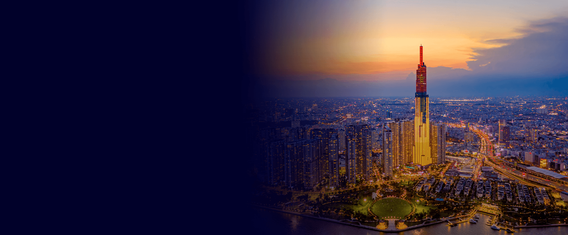Ho Chi Minh City skyline at dusk, Landmark 81 lit above the river